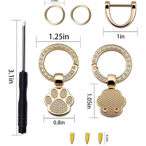 Gold and Crystal Rhinestone Dog Cat  Paw Print Keychain Bag Charm - Picture 5 of 7